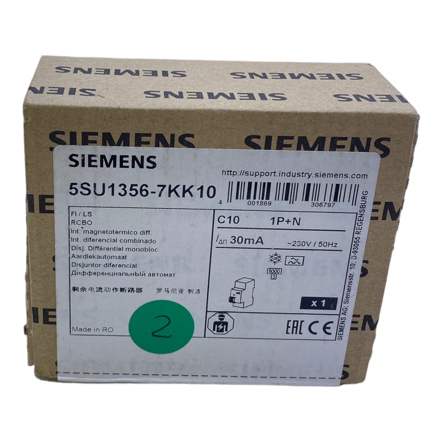 Siemens 5SU1356-7KK10 circuit breaker 230V AC 50Hz 10A 30mA 1P+N 