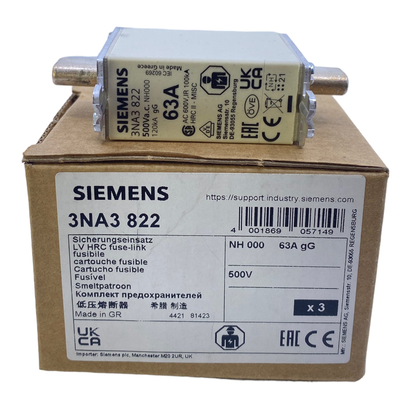 Siemens 3NA3822 NH fuse link 63A 500V AC 250V DC PU: 3PCS 