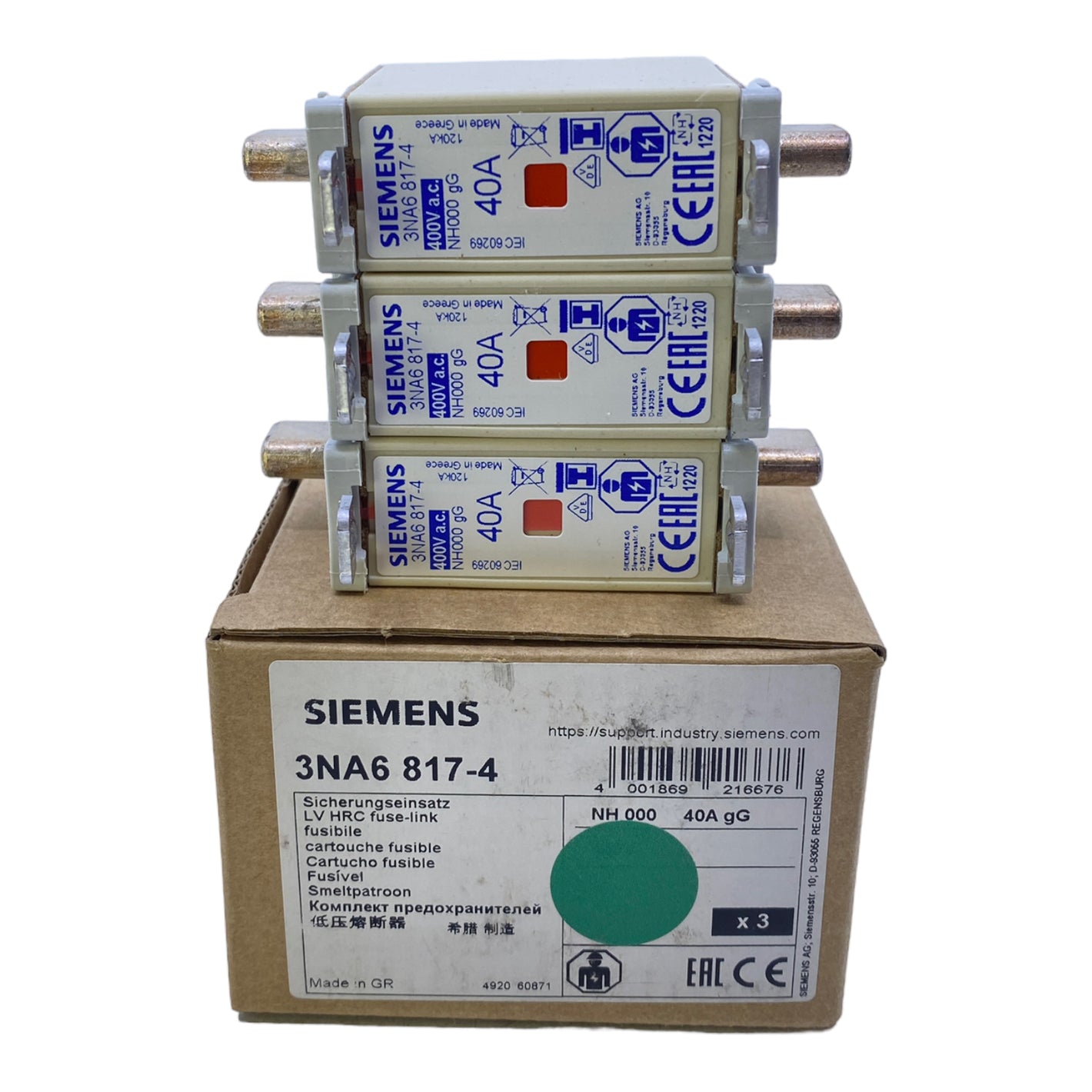 Siemens 3NA6817-4 NH fuse link 40A 400V AC PU: 3 pieces 