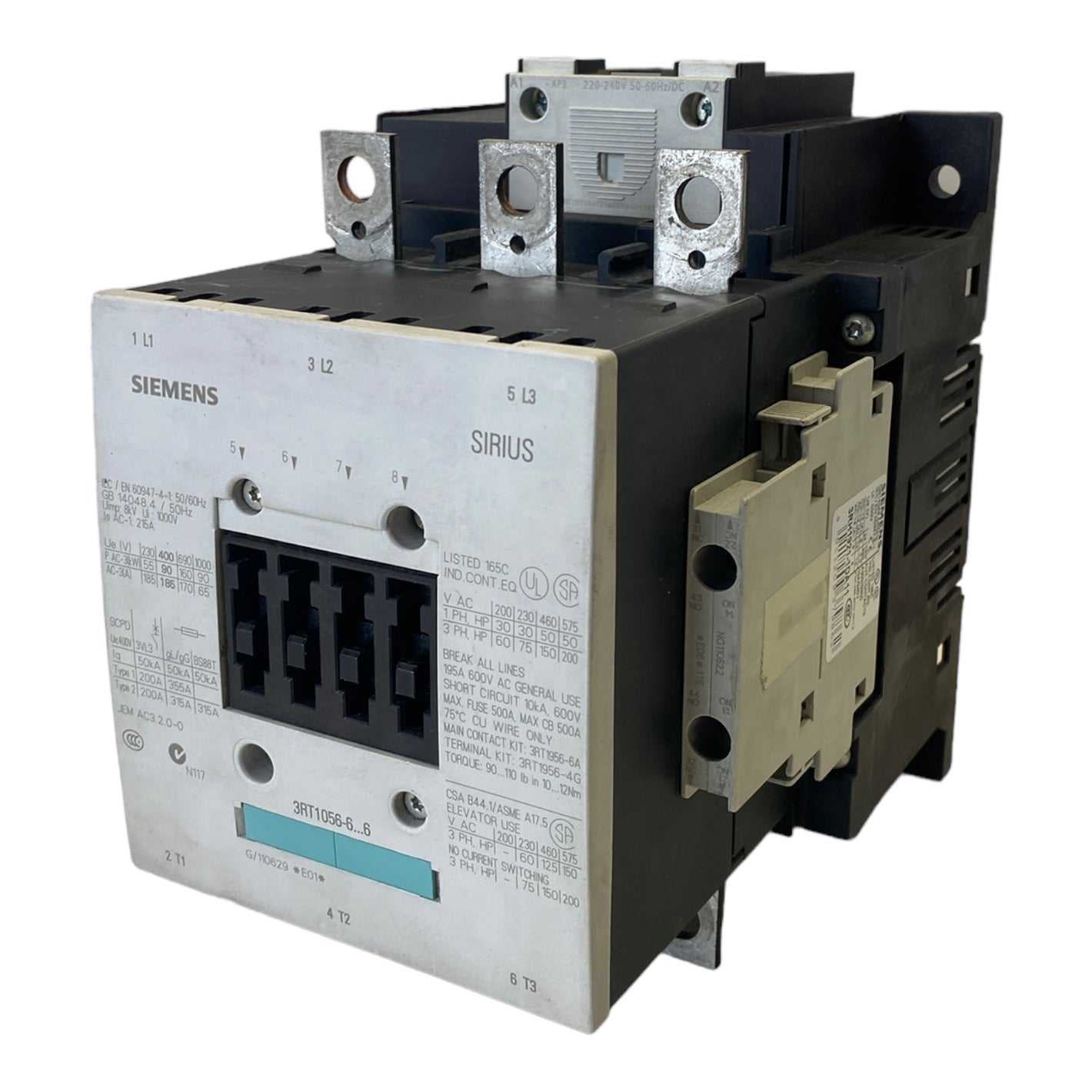 Siemens 3RT1056-6AP36 power contactor 3-pole 90 kW / 400 V AC (50-60 Hz) / DC 