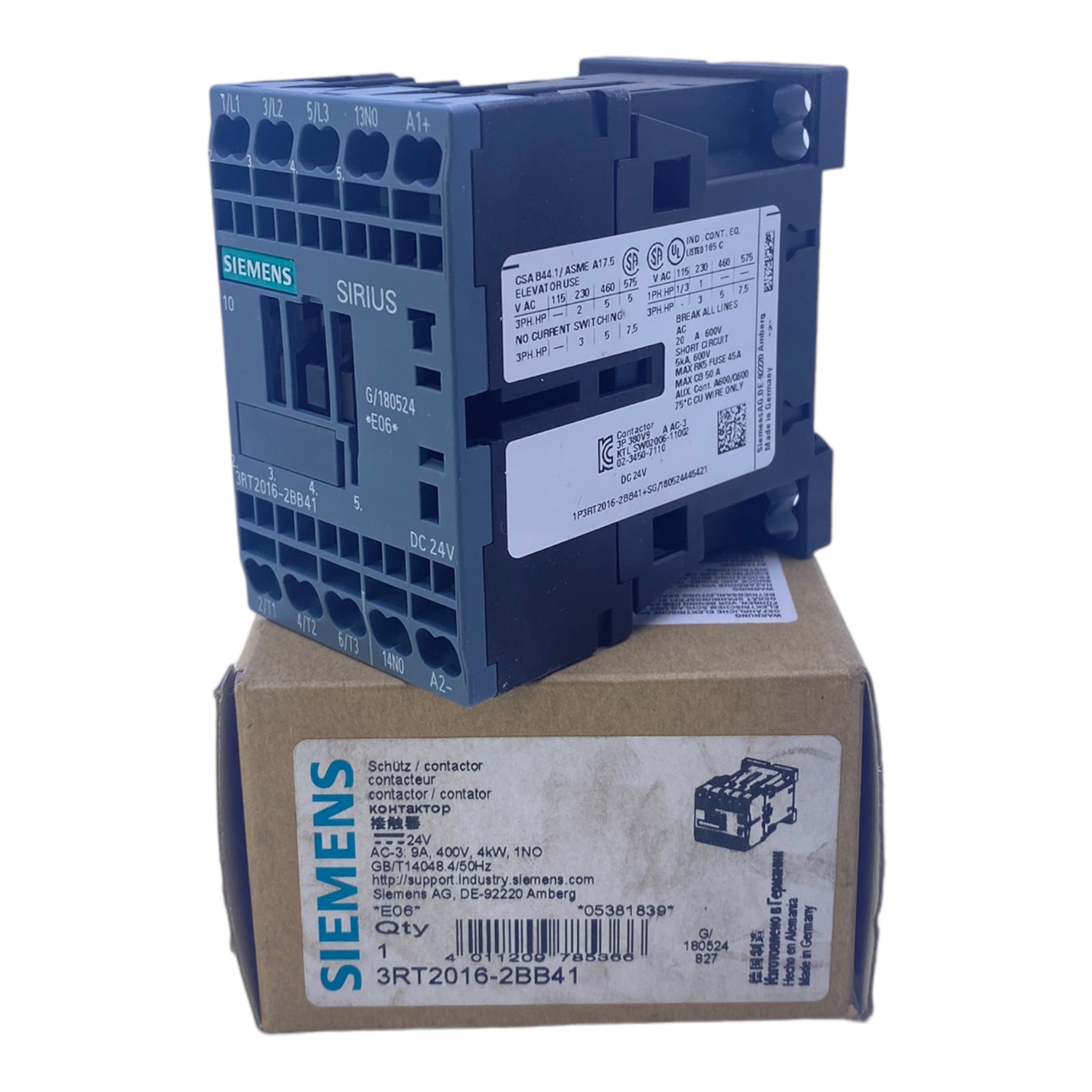 Siemens 3RT2016-2BB41 power contactor 400V AC 9A 4kW 1NO 3-pole 