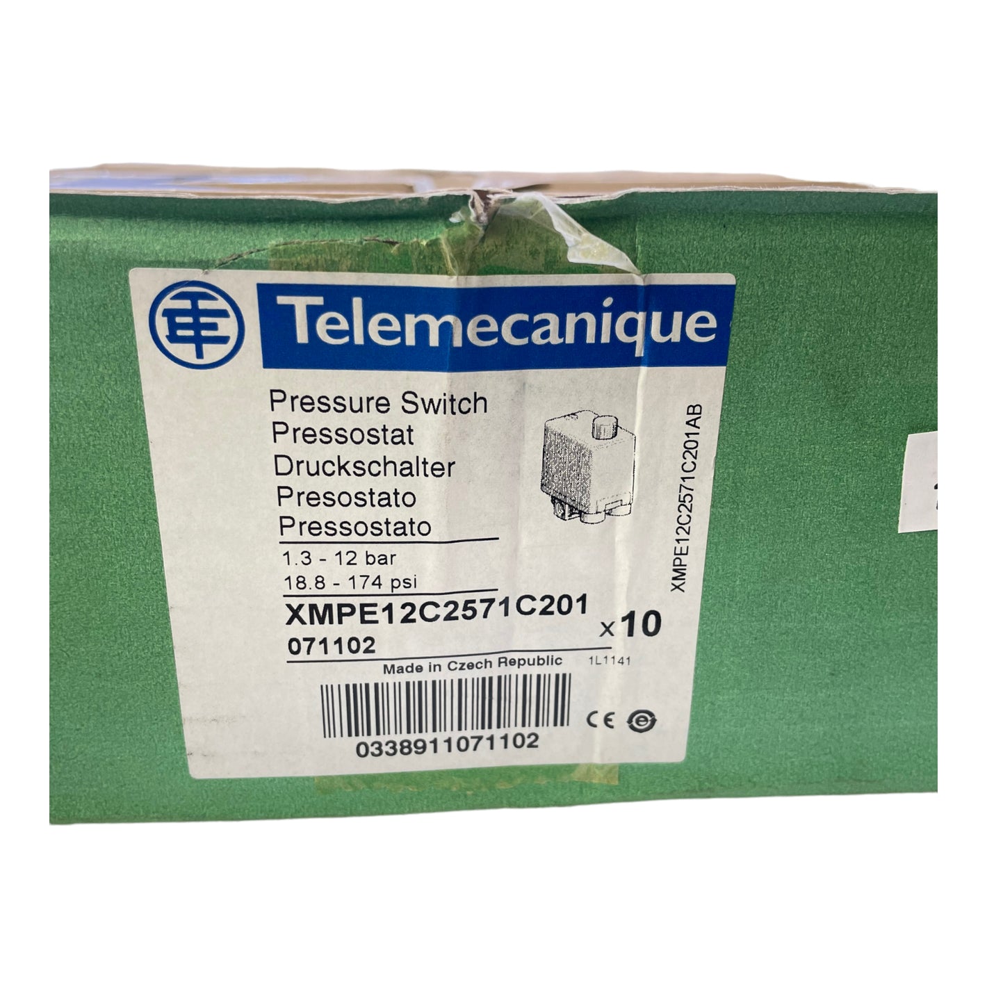 Telemecanique XMP pressure switch 1.3-12bar 18.8-174psi 230V 1.5kW 