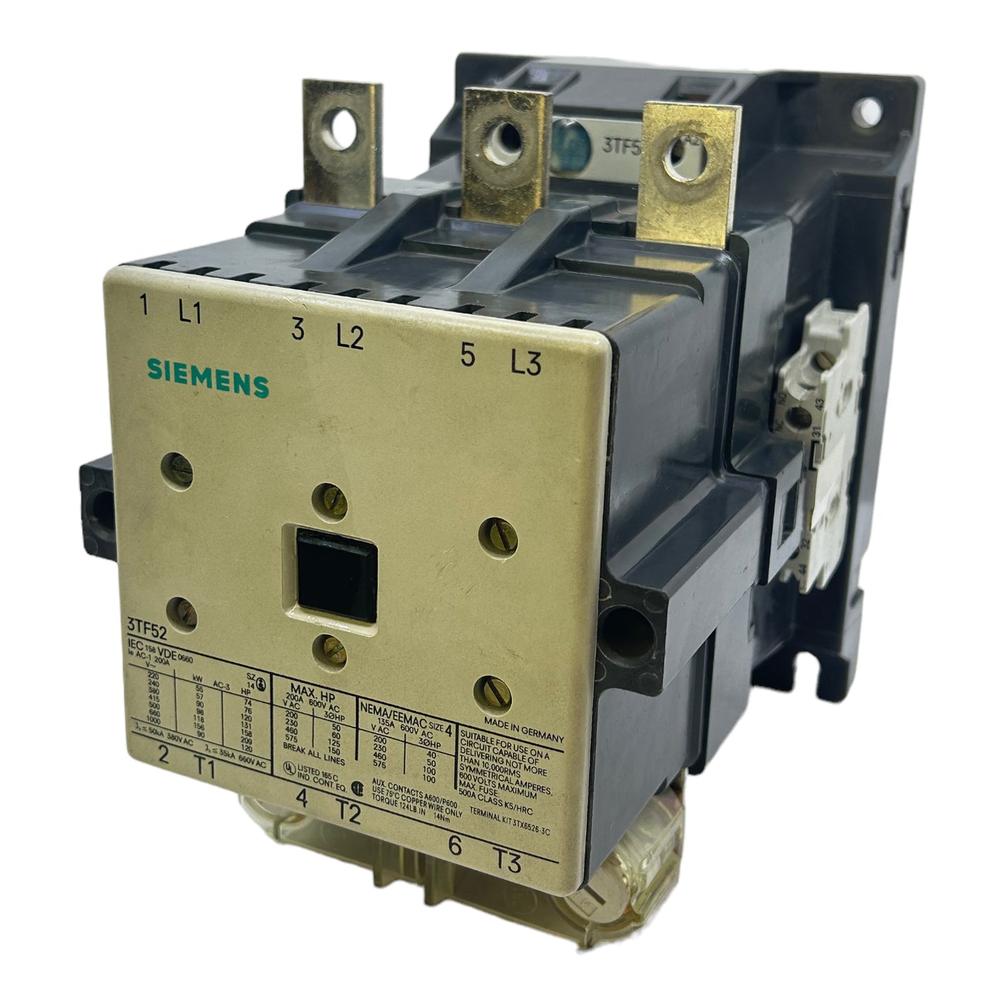 Siemens 3TF52 power contactor 600V AC 220V/50Hz 264V/60Hz 200A 135A 