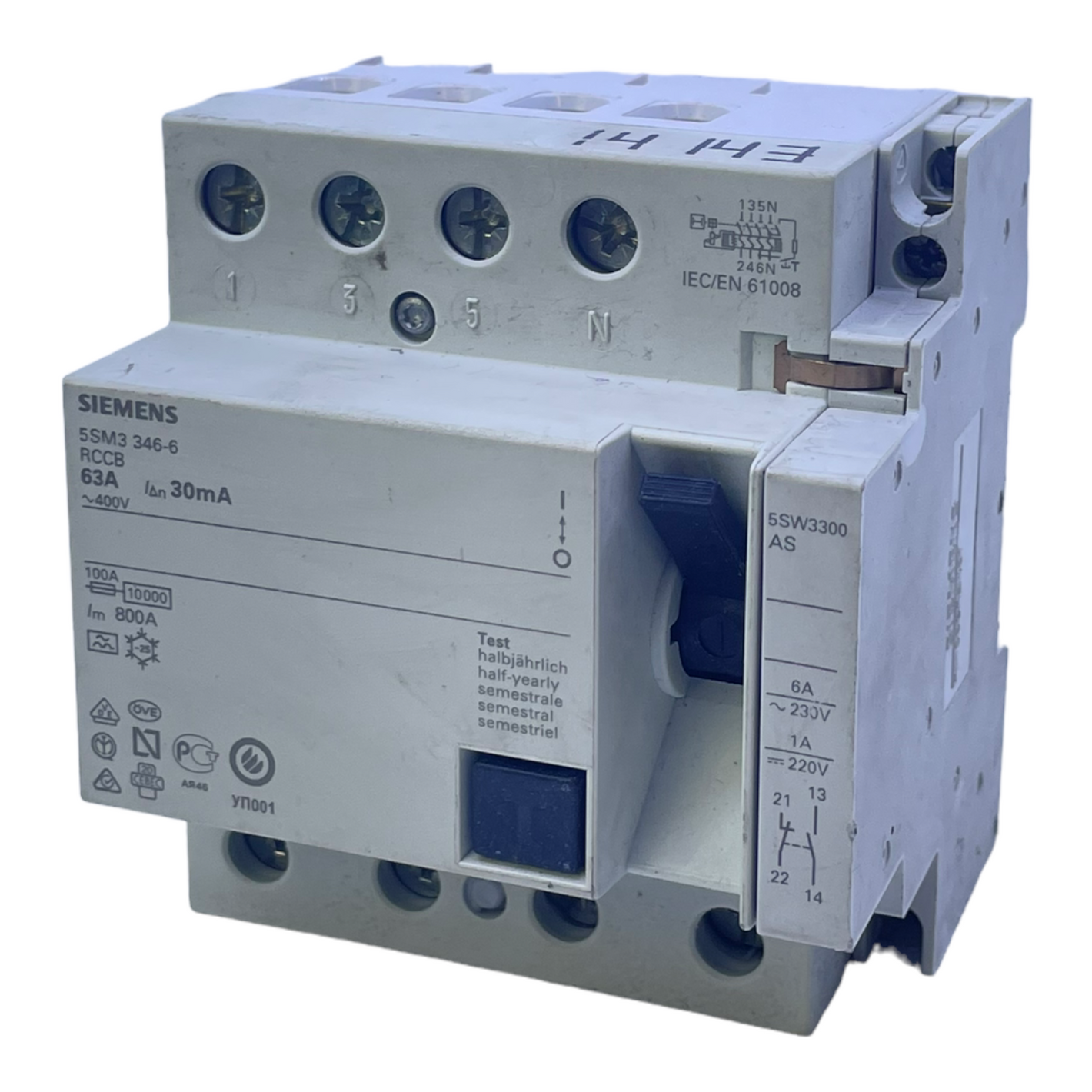 Siemens 5SM3346-6 residual current device 63A 30mA switch for industrial applications