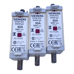 Siemens 3NA6820 NH000-gG 50A NH fuse set 50A 500V AC 120kA PU:3pcs