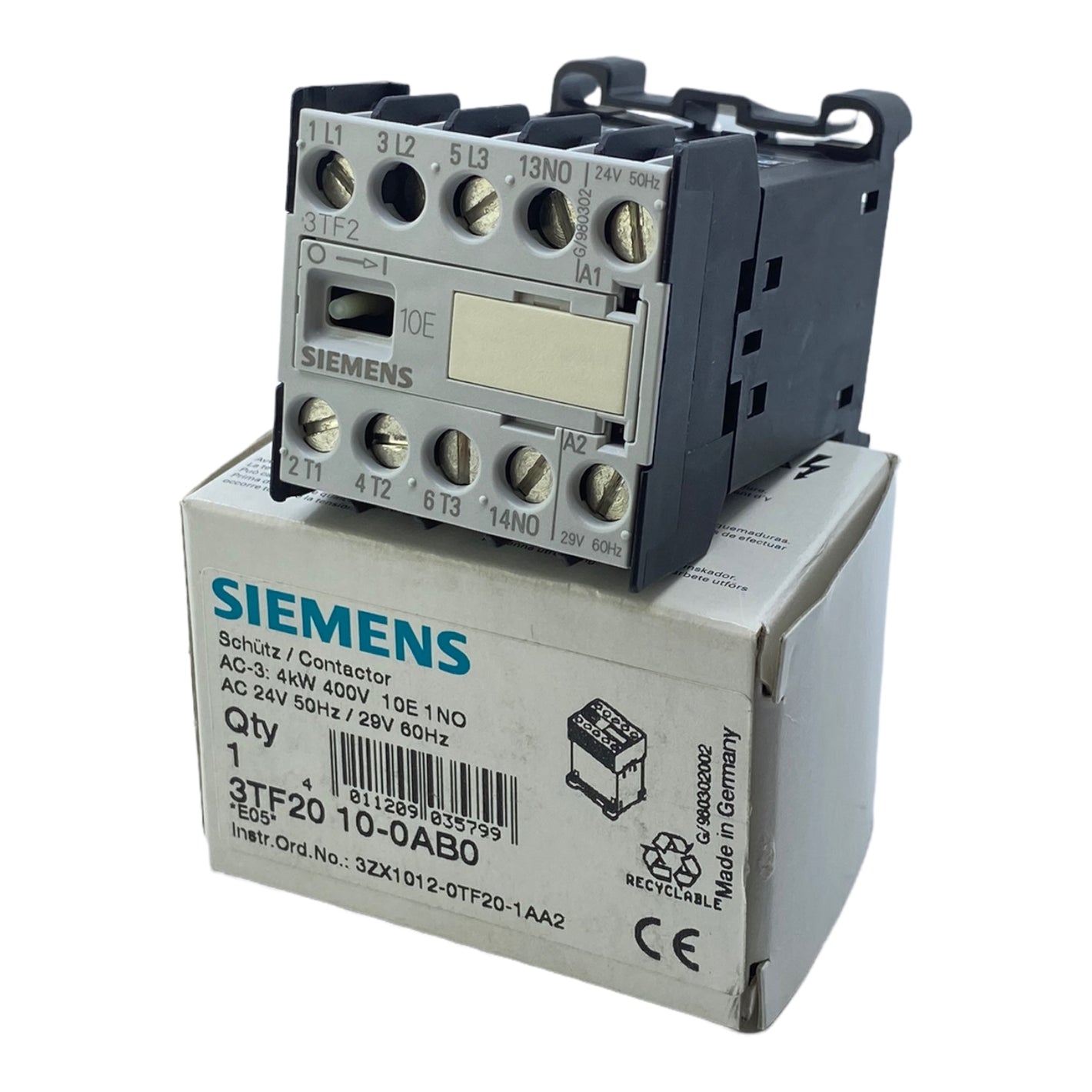 Siemens 3TF2010-0AB0 contactor, size 00, 3-pole, AC-3 4kW/400V 